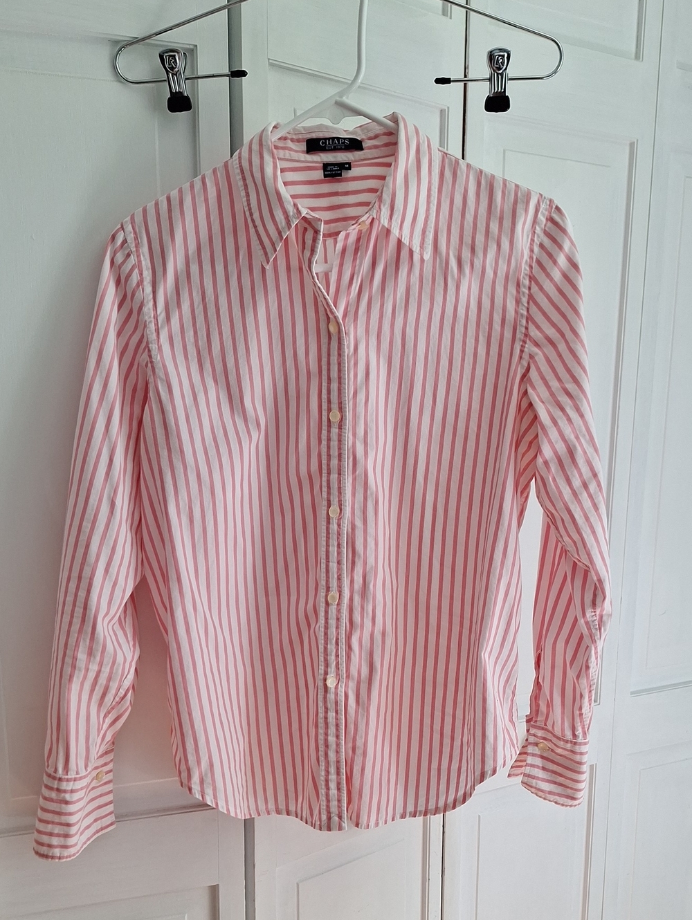 Chaps Unisex Pink and White Striped Button-Down Shirt